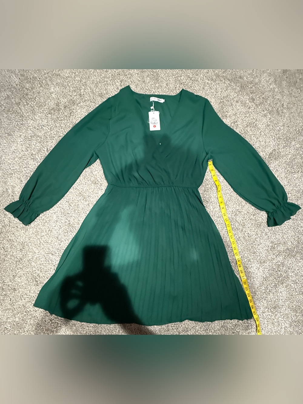 Women's Dark Green Long Sleeve Pleated Waist Dress
